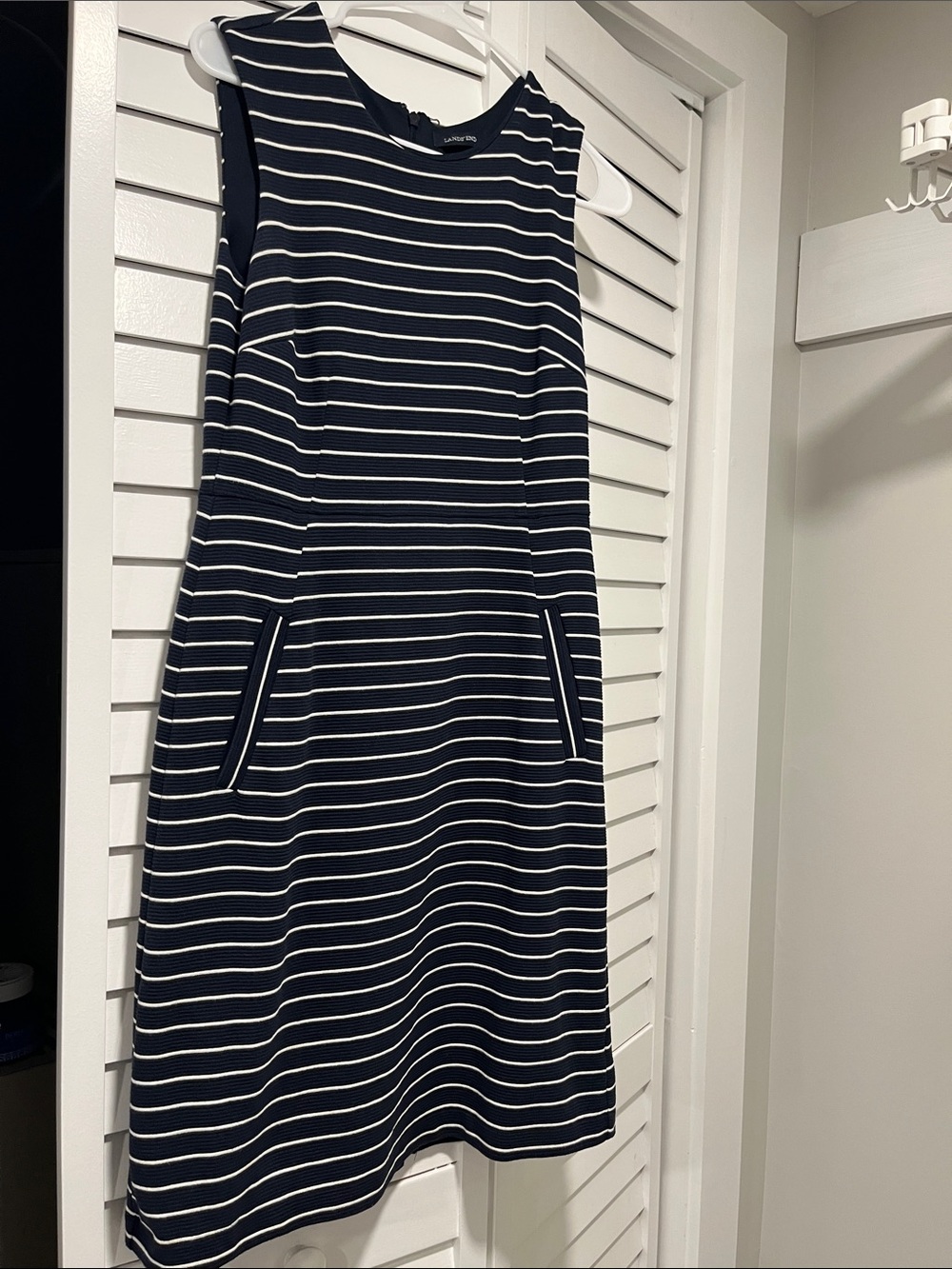 Lands' End Navy and White Striped Sleeveless Fit-and-Flare Dress